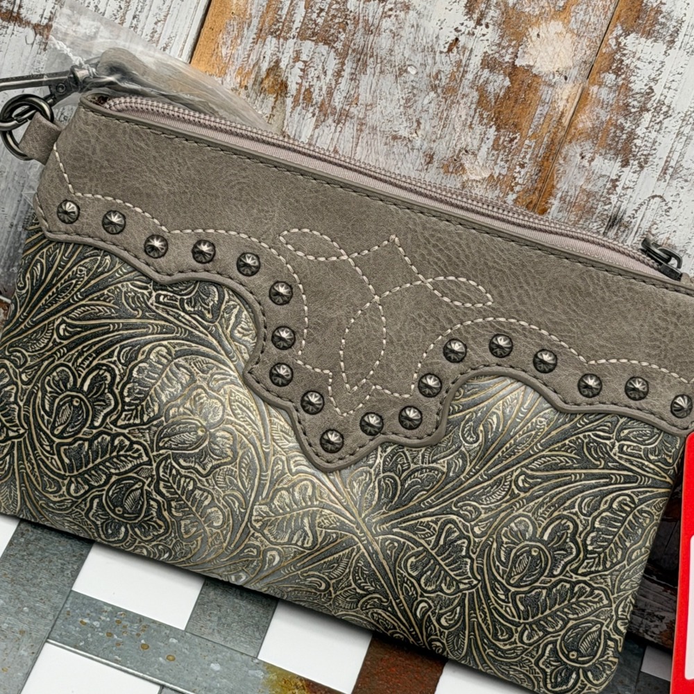 Montana West Gray Tooled Floral Crossbody Wristlet Bag MW1099-181 Studded NEW